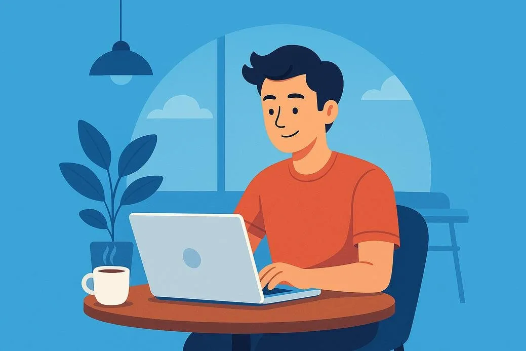 Freelancer bekerja dengan laptop di kafe, simbol kebebasan kerja freelance