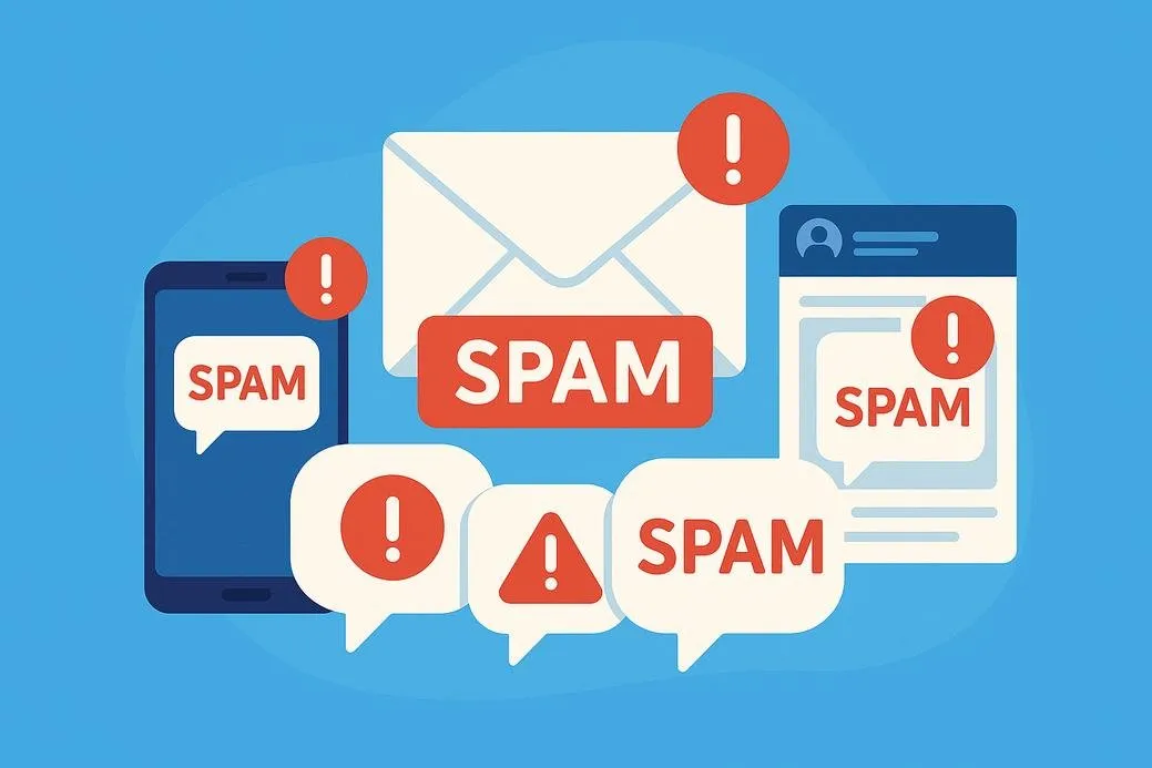 Ilustrasi jenis-jenis pesan spam di email SMS dan media sosial