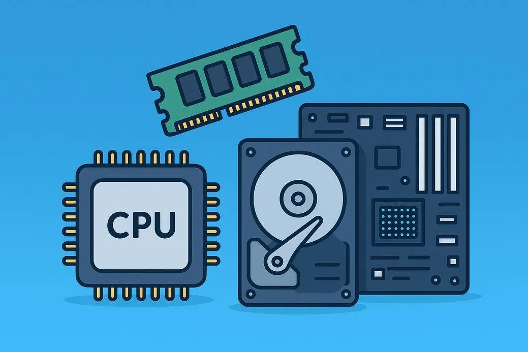 Komponen hardware komputer meliputi CPU, RAM, hard disk, dan motherboard