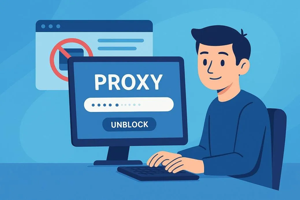 Ilustrasi orang membuka situs web proxy di laptop untuk mengakses situs yang diblokir